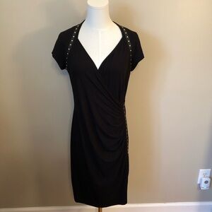 Carmen Marc Valvo Black Ruched Dress w/Gold Studded Faux Leather Trim Size L
